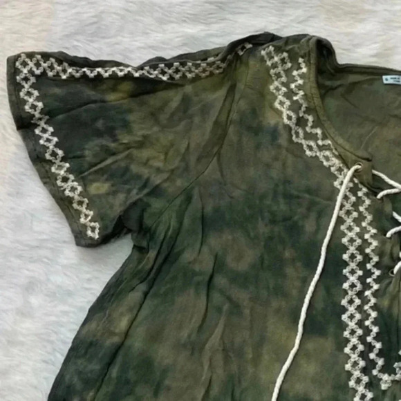 Green Tie‎ Dye Cropped Blouse Embroidered Tassels Peasant Boho Fairycore Small - Picture 4 of 12